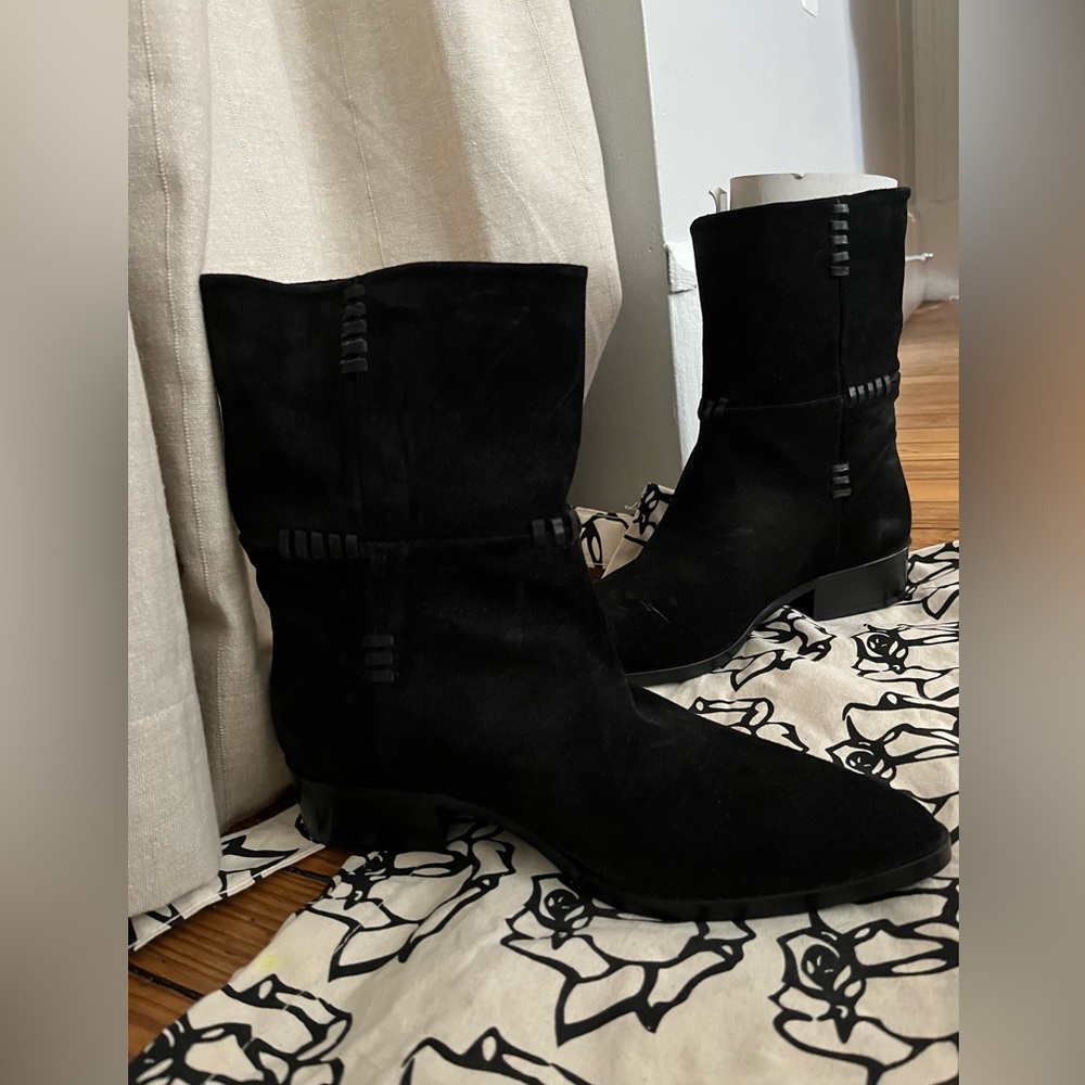 Freda Salvador: Size 7 Jen Mid Boot: black suede with whipstitch